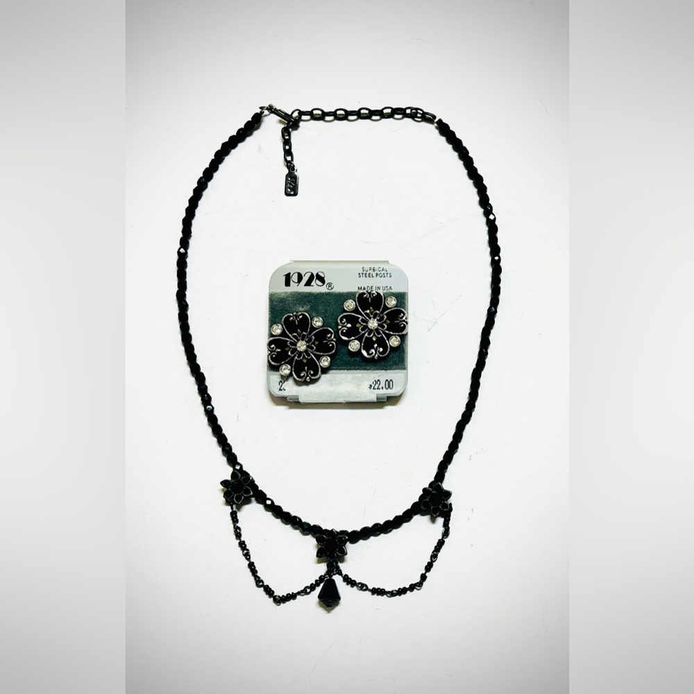 1928 Brand Black and Silver Floral Jewelry Set